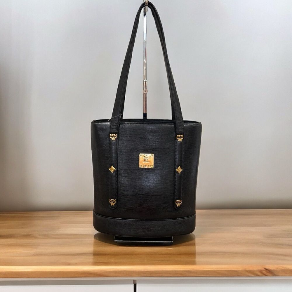 MCM Authentic Vintage Black Saffiano Leather Studded Logo Bucket Shoulder Bag